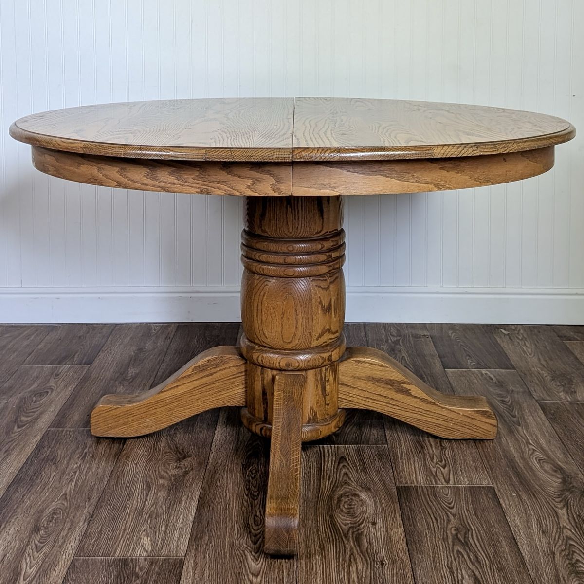 Vintage Solid Oak Round Pedestal Dining Table with Extension Leaf
