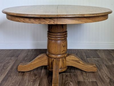 Vintage Solid Oak Round Pedestal Dining Table with Extension Leaf