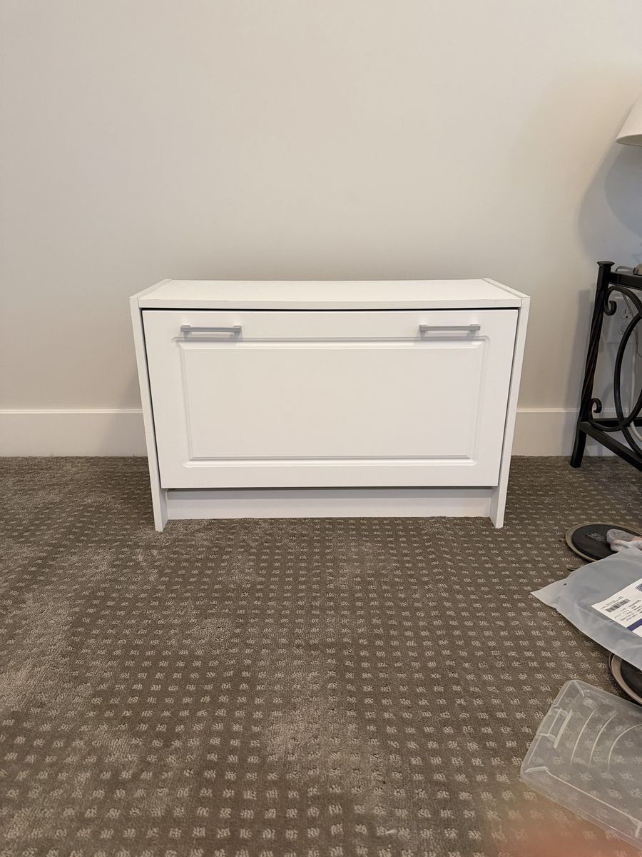 White Wood Shoe Cabinet / Storage Bench with Drop-Down Door