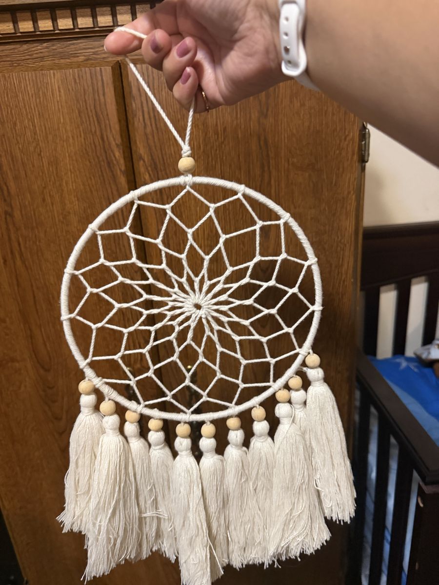 Boho White Macrame Dream Catcher Wall Hanging with Wood Beads