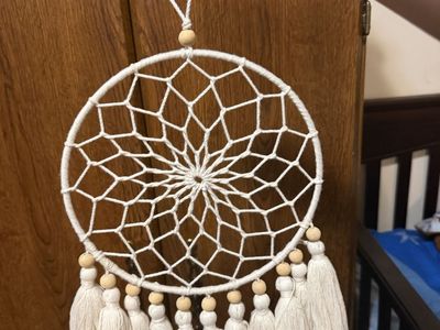 Boho White Macrame Dream Catcher Wall Hanging with Wood Beads