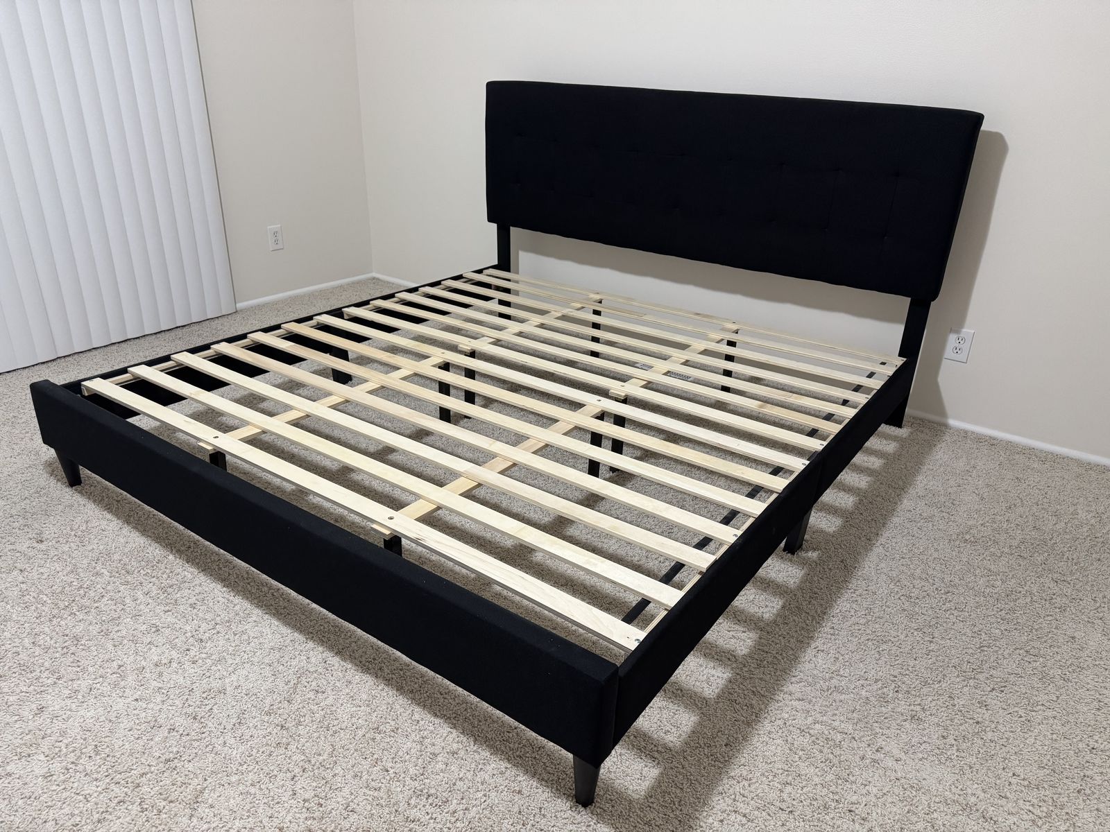 King Bed Frame & Headboard. Black Fabric & Wood.
