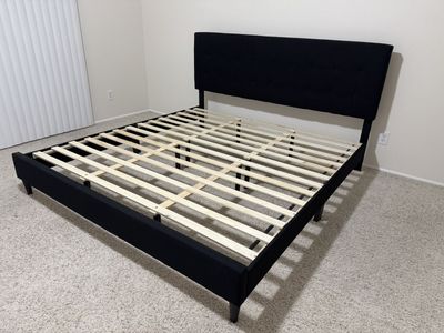 King Bed Frame & Headboard. Black Fabric & Wood.