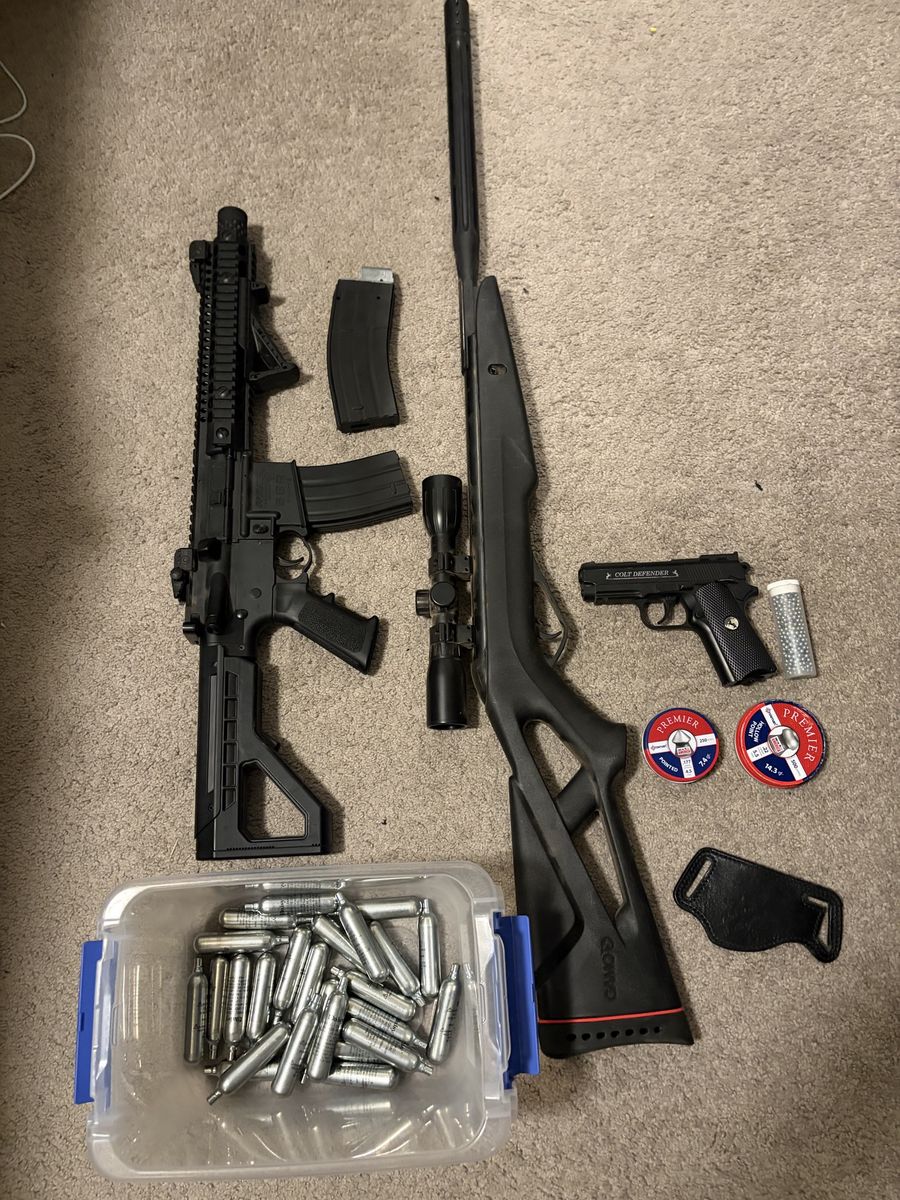 DPMS Full/Auto SPR CO2 Air Rifle & Gamo Black Cat Velocity 1250 FPS .177 Pellet Rifle & Colt Defender CO2 Pistol with Accessorie