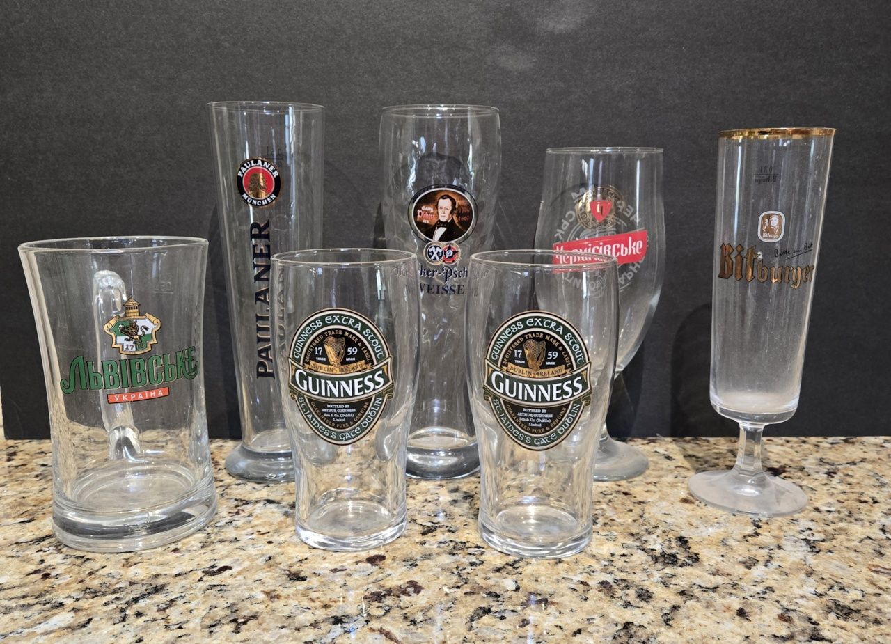 Assorted Beer Glasses - Guinness, Paulaner, Lvivske, Bitburger, Hacker-Pschorr Weisse