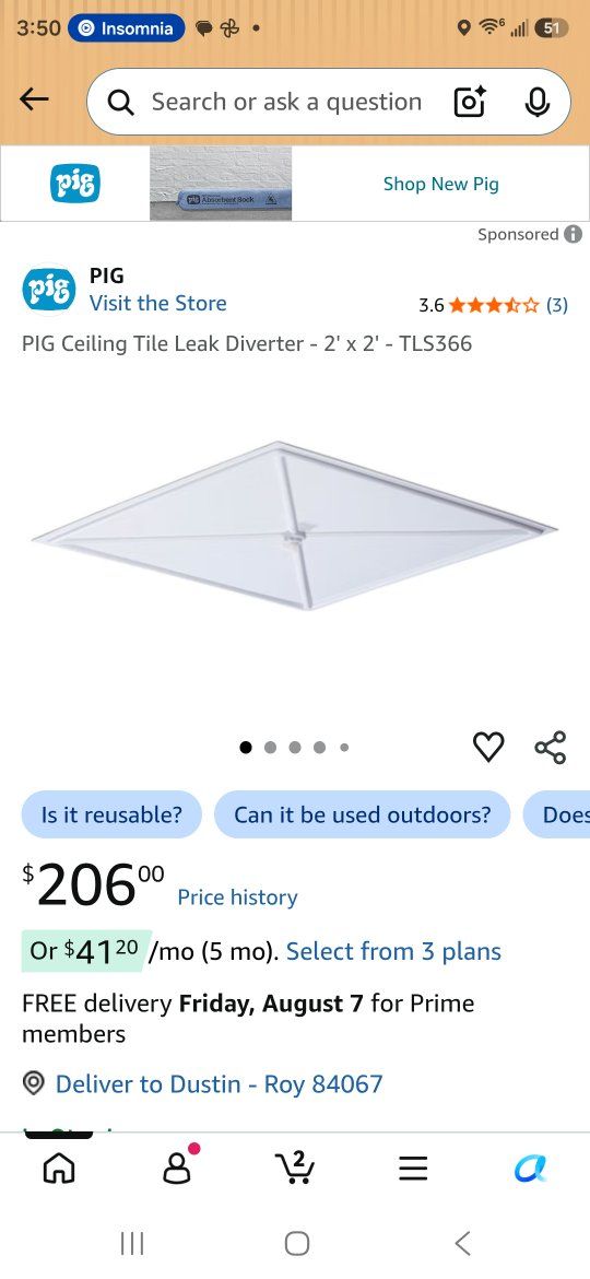 PIG Ceiling Tile Leak Diverter 2' x 2' Model TLS366