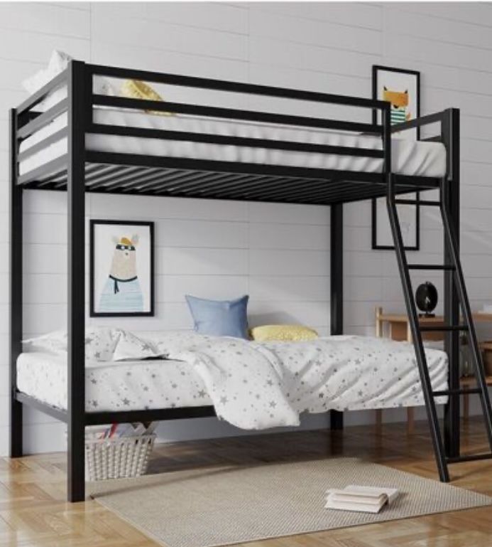 Black Twin Bunk Bed Frame with Ladder & 400lb Capacity