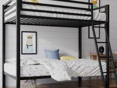 Black Twin Bunk Bed Frame with Ladder & 400lb Capacity