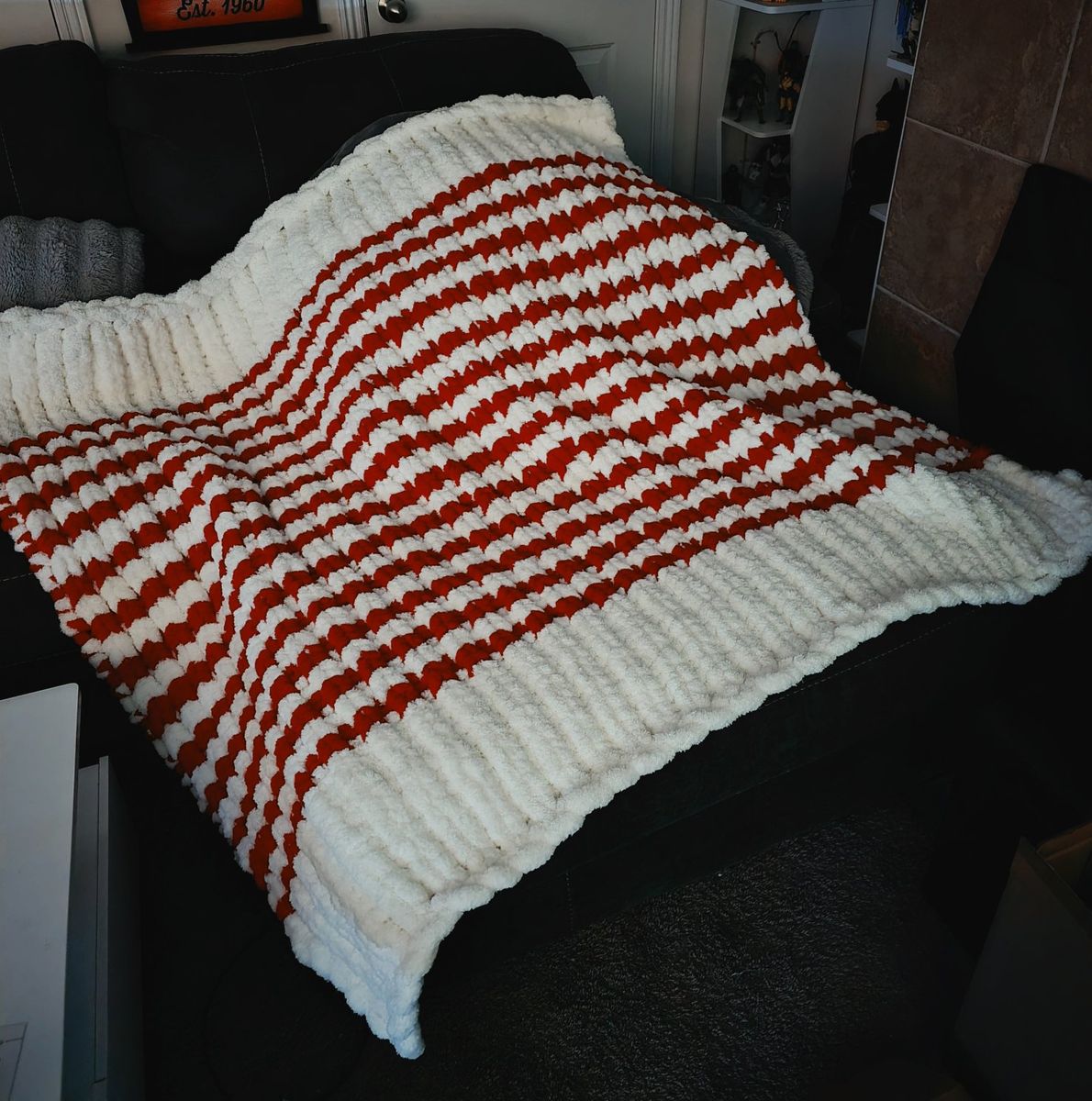 Handmade Crocheted Red & White Striped Chunky Blanket Throw