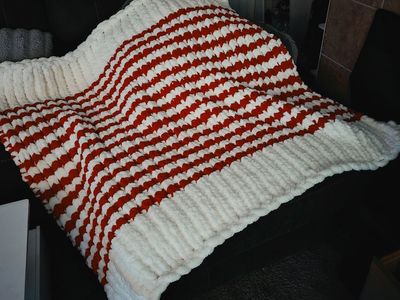 Handmade Crocheted Red & White Striped Chunky Blanket Throw