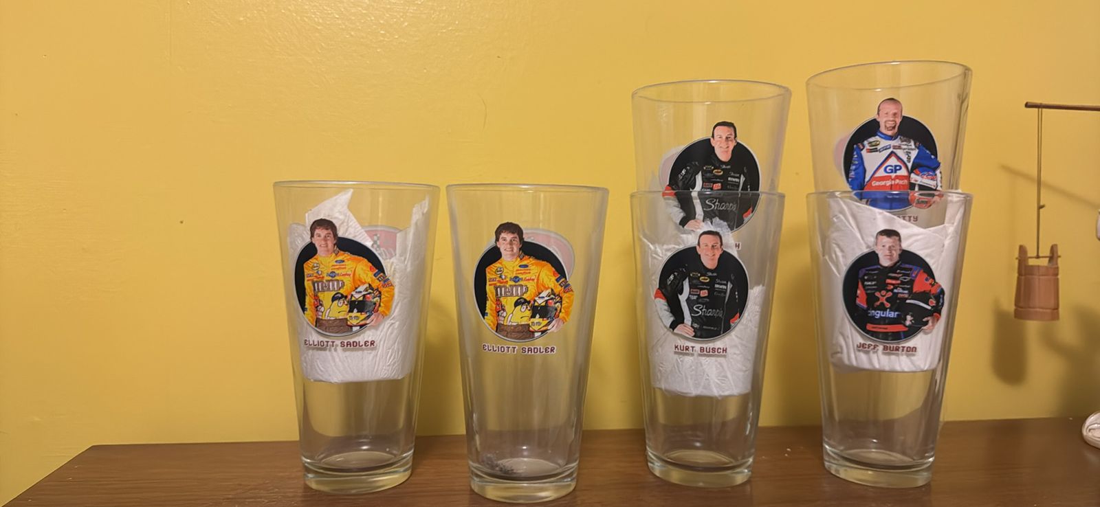 Vintage Coca-Cola NASCAR Racing Family Pint Glasses - Elliott Sadler, Kurt Busch, Jeff Burton Set