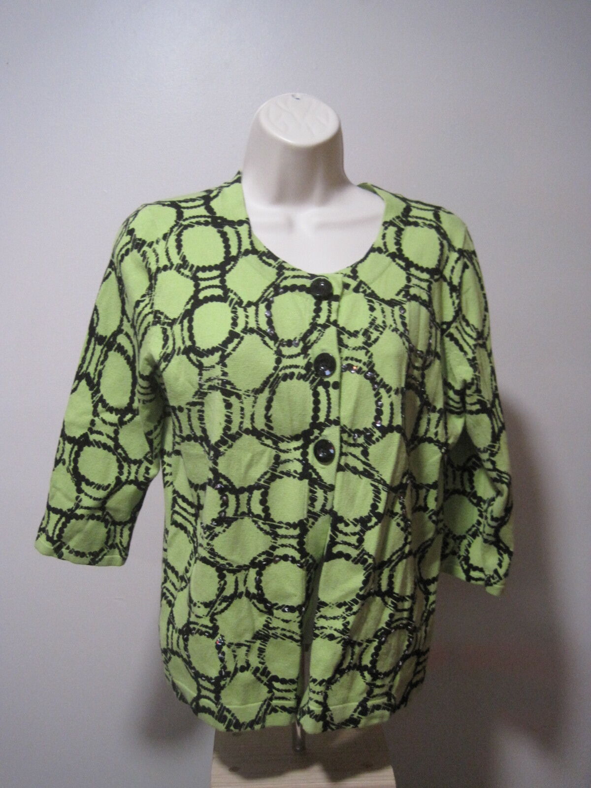 Designers Originals Sweater Womens Medium Lime Green & Black 3/4 Sleeve Cardigan
