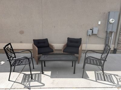 5-Piece Outdoor Patio Furniture Set - 2 Wicker Armchairs, 2 Metal Chairs, 1 Coffee Table