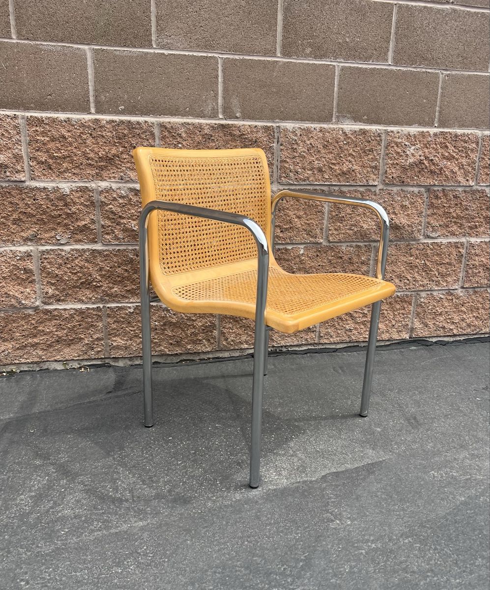 Mid Century Curved Chrome & Cane Chair