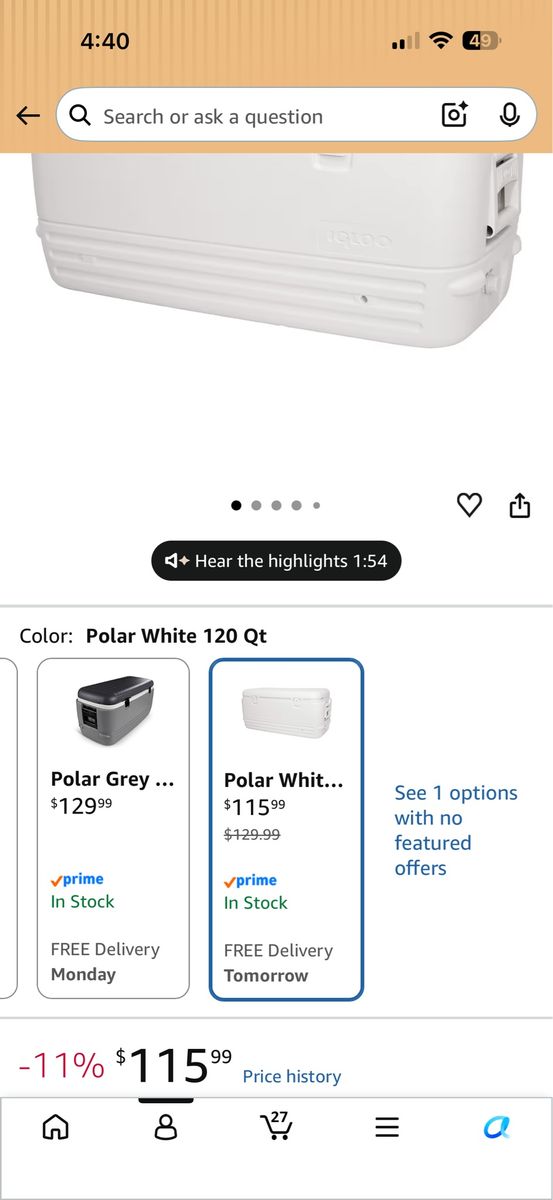 Igloo Polar White 120QT Cooler - Holds 188 Cans, 113 Liters, Large Capacity Ice Chest