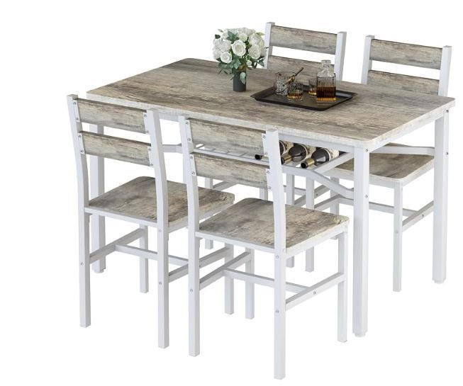 NEW & ASSEMBLED! 5-Piece Dining Table Set w/Wine Rack, Kitchen Table & 4 Chairs, Gray w/White Base