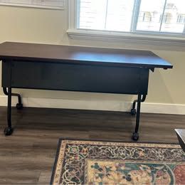 2 Folding Desks Tables with Wheels - Brown Top, Black Metal Frame