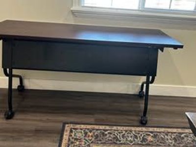 2 Folding Desks Tables with Wheels - Brown Top, Black Metal Frame