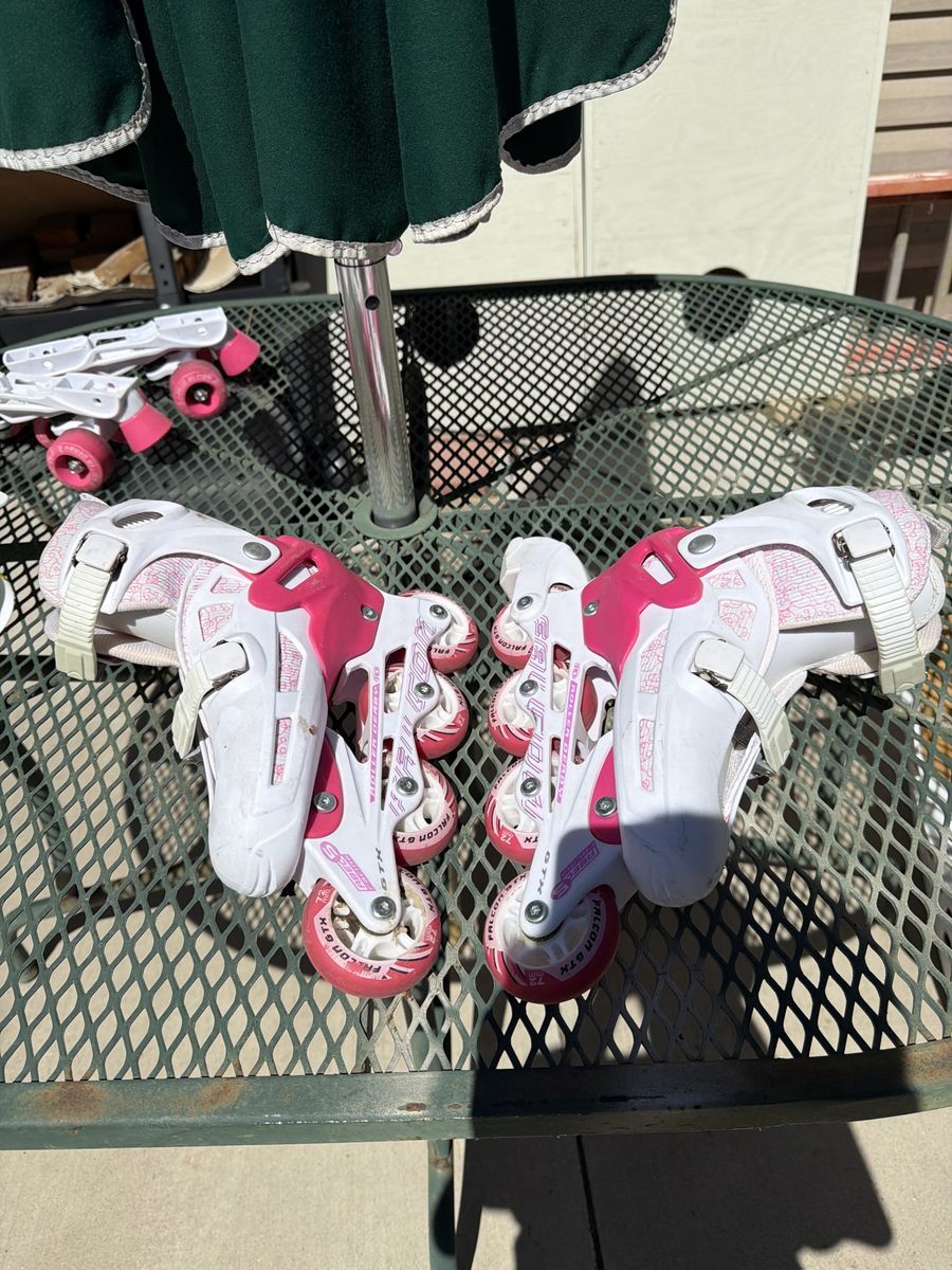 Falcon GTK Youth Adjustable Inline Skates (White/Pink) & Quad Skates (Pink) Combo Set