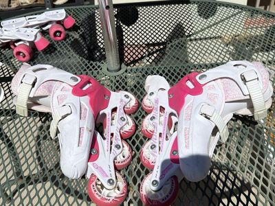 Falcon GTK Youth Adjustable Inline Skates (White/Pink) & Quad Skates (Pink) Combo Set