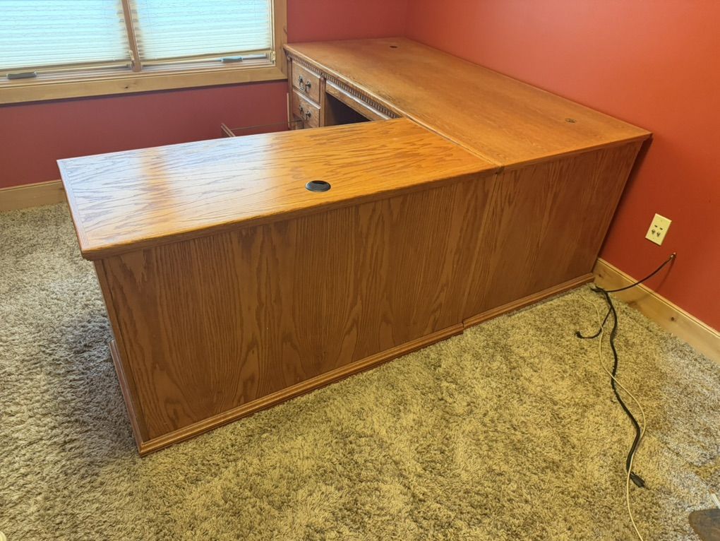 Three Piece Oak Desk Set Heavy Duty Good Condition