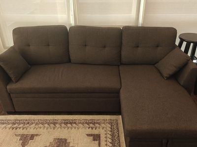 Convertible Sectional Sofa Couch with Pull-Out Sleeper & Storage, Brown Fabric