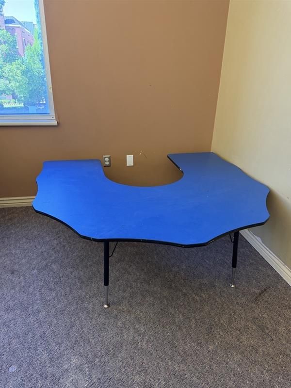 Large Blue U-Shaped Kidney Table Adjustable Height Classroom Activity Desk