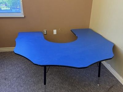 Large Blue U-Shaped Kidney Table Adjustable Height Classroom Activity Desk
