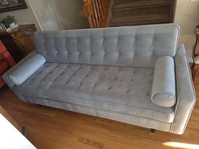 Pristine Light Blue Velvet Tufted Sofa w/ Bolster Pillows