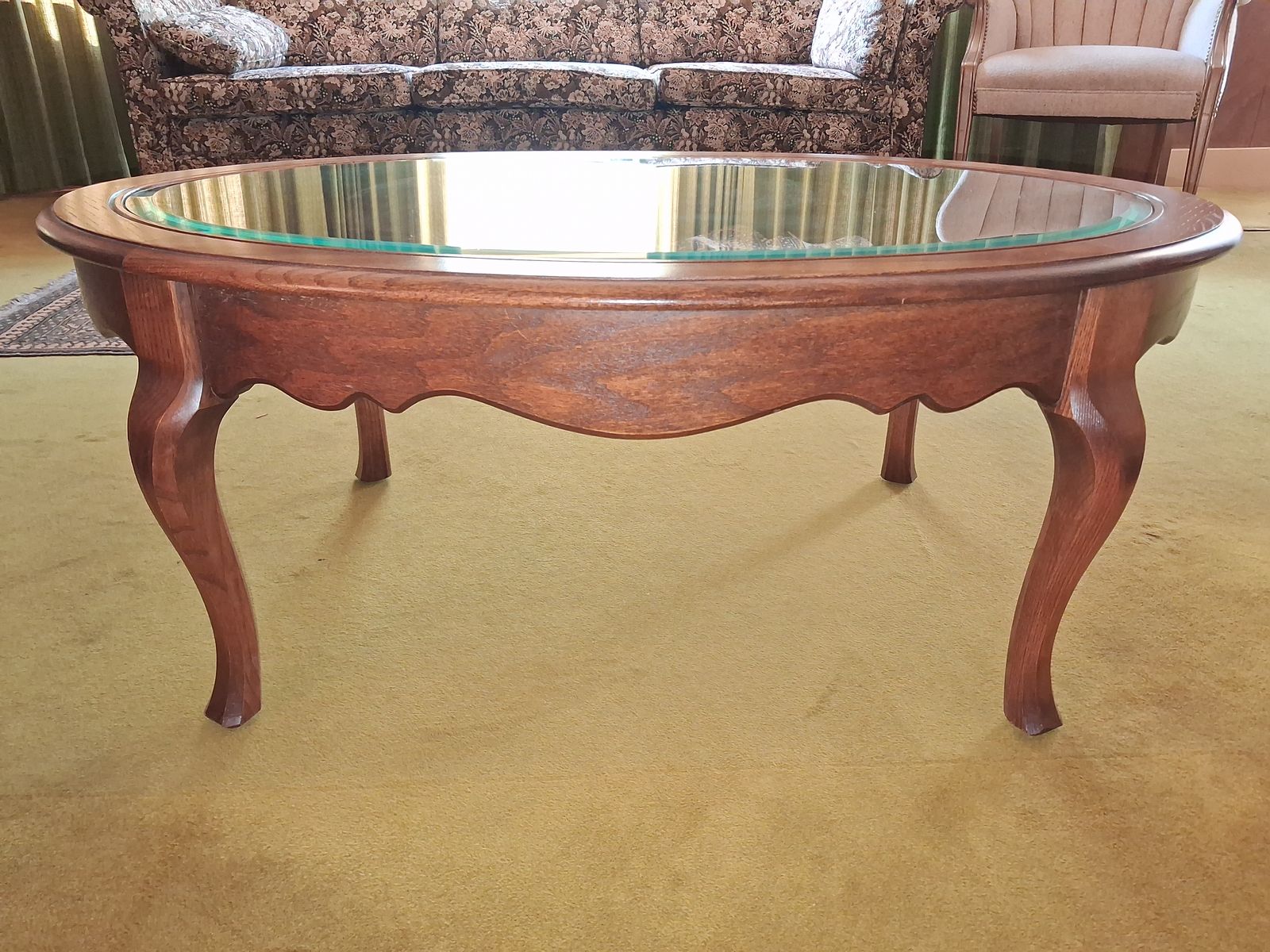 Vintage Oval Wood Coffee Table with Glass Top