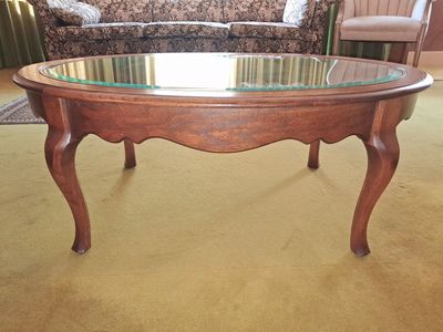 Vintage Oval Wood Coffee Table with Glass Top
