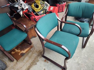 Set of 3 Vintage Wood Frame Guest Chairs with Teal Upholstery - Office/Waiting Room