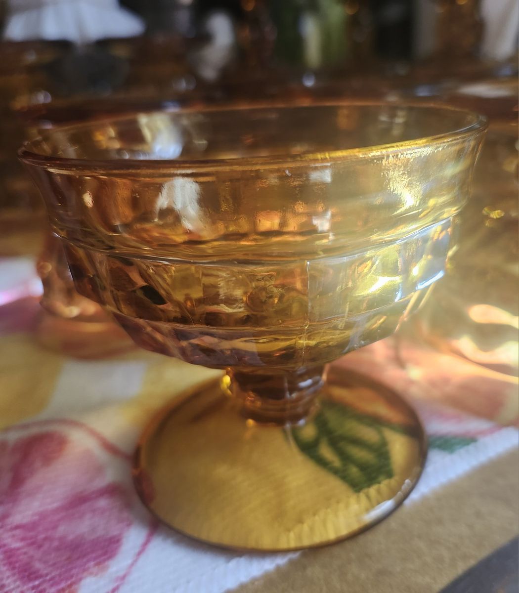 Vintage MCM Amber Glass Goblets Set Pressed Textured Footed Drinkware