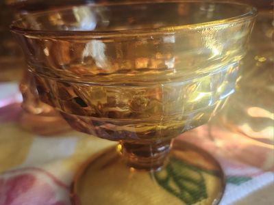 Vintage MCM Amber Glass Goblets Set Pressed Textured Footed Drinkware