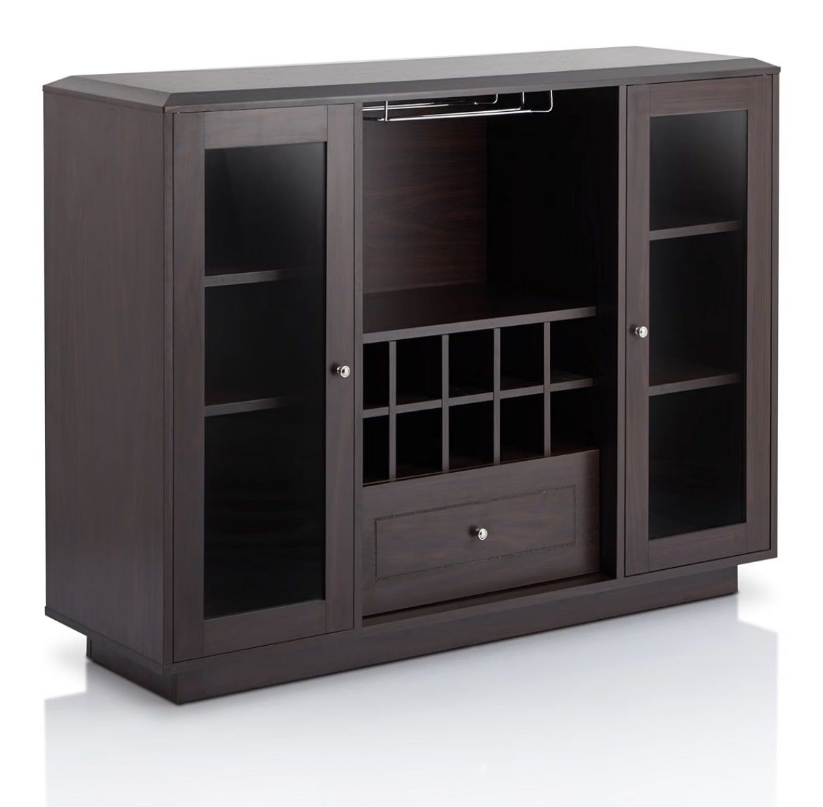 Dark Wood Cabinet with Glass Doors, Wine Rack, and Storage Drawer - Media Console/Bar Cabinet
