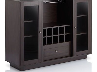 Dark Wood Cabinet with Glass Doors, Wine Rack, and Storage Drawer - Media Console/Bar Cabinet