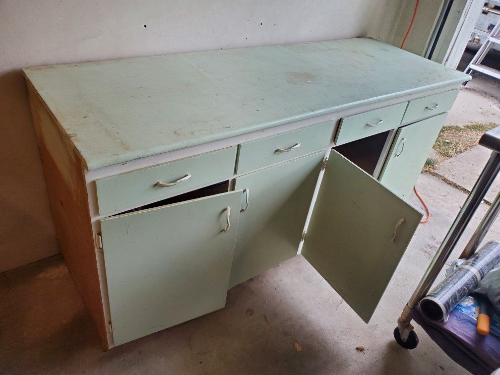 Vintage Light Green Wooden Workbench Cabinet with Drawers and Storage