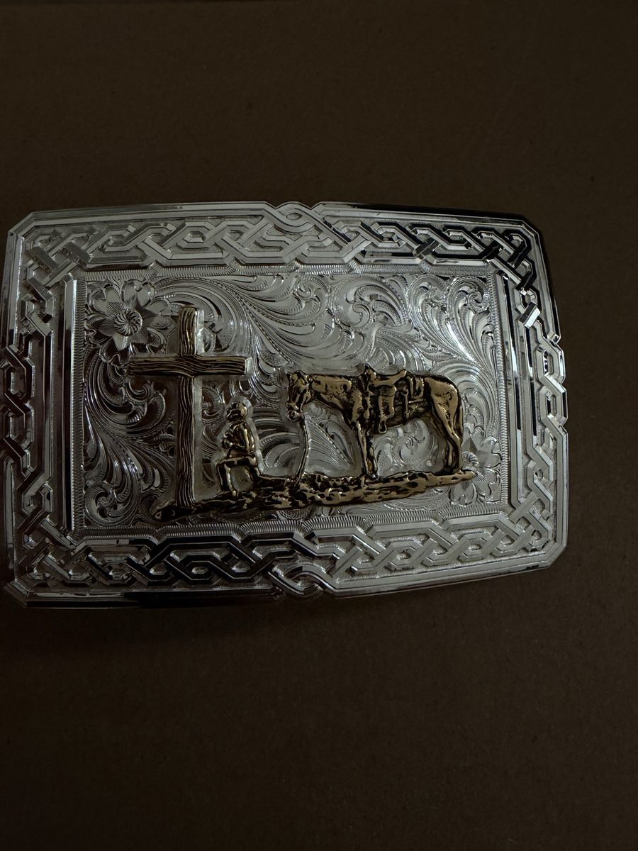Montana Silversmiths Western Belt Buckle. Cross & Horse Design