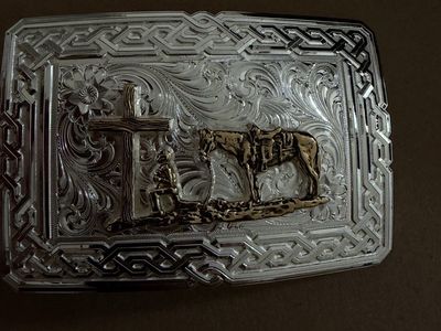 Montana Silversmiths Western Belt Buckle. Cross & Horse Design