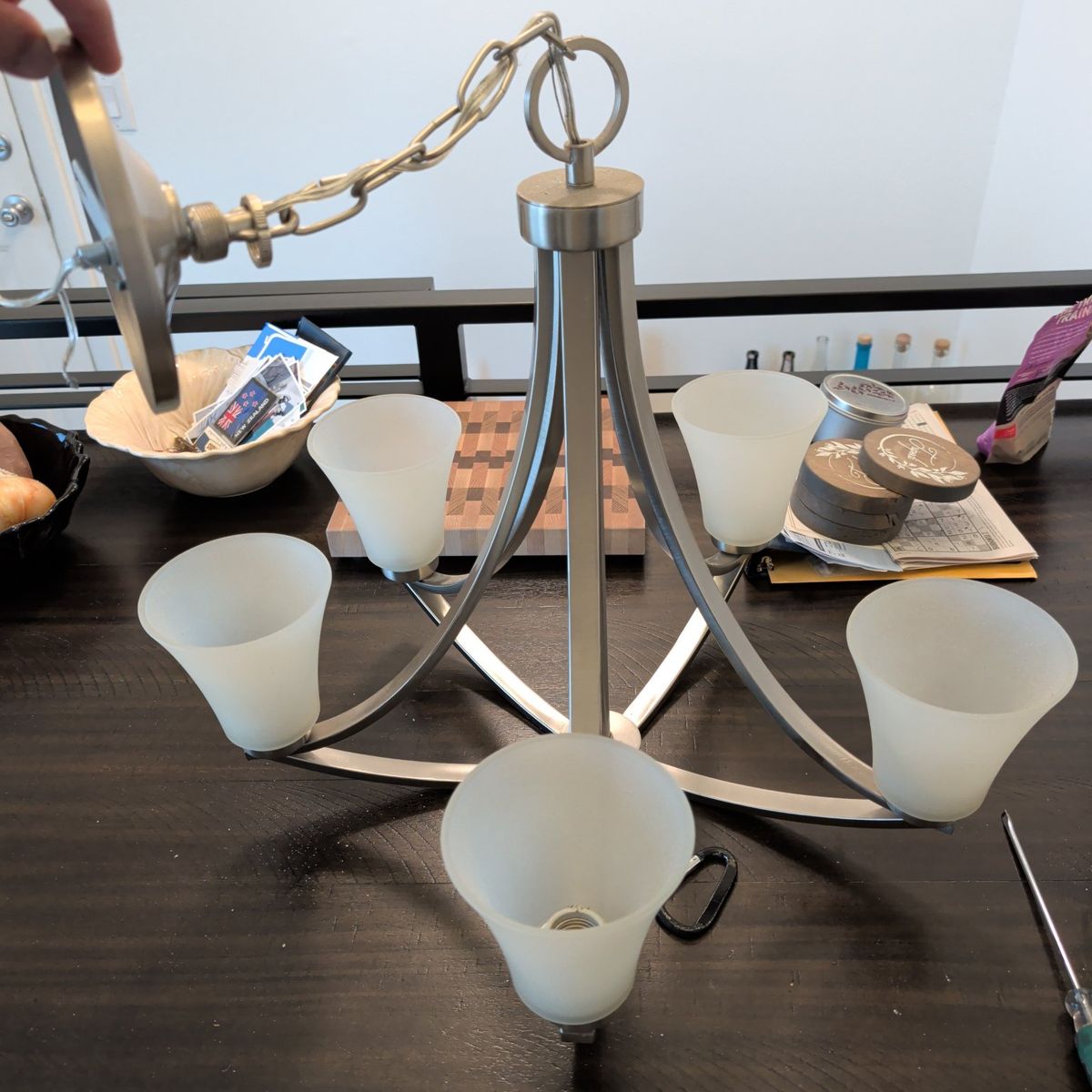 Brushed Nickel 5-Light Chandelier with Frosted Glass Shades - Modern/Transitional Style