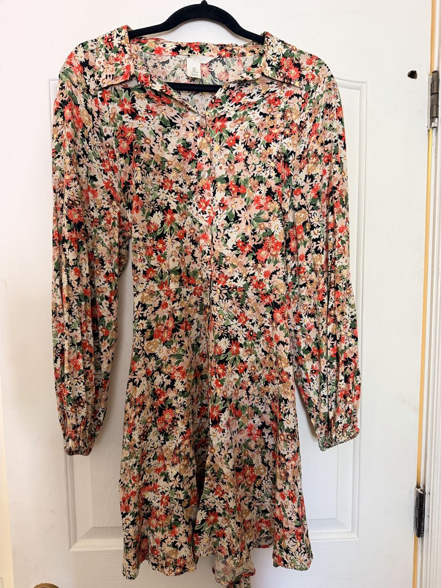 New H&M Floral Long Sleeve Mini Dress Button Front Waist Tie - Size L