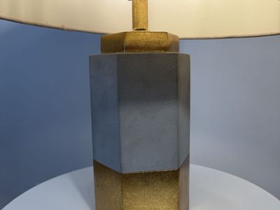 Modern Gray and Gold geometric table lamp, velvet shade 20” tall gray stone look