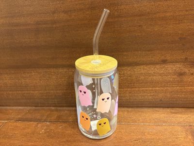 New Glass w/ Ghosts, Lid & Glass Straw