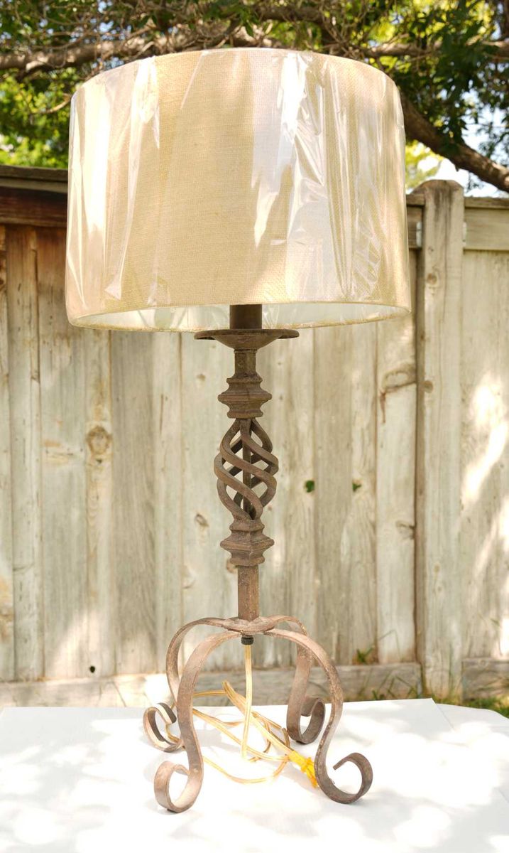 Rustic Iron Table Lamp with Spiral Design & Linen Shade