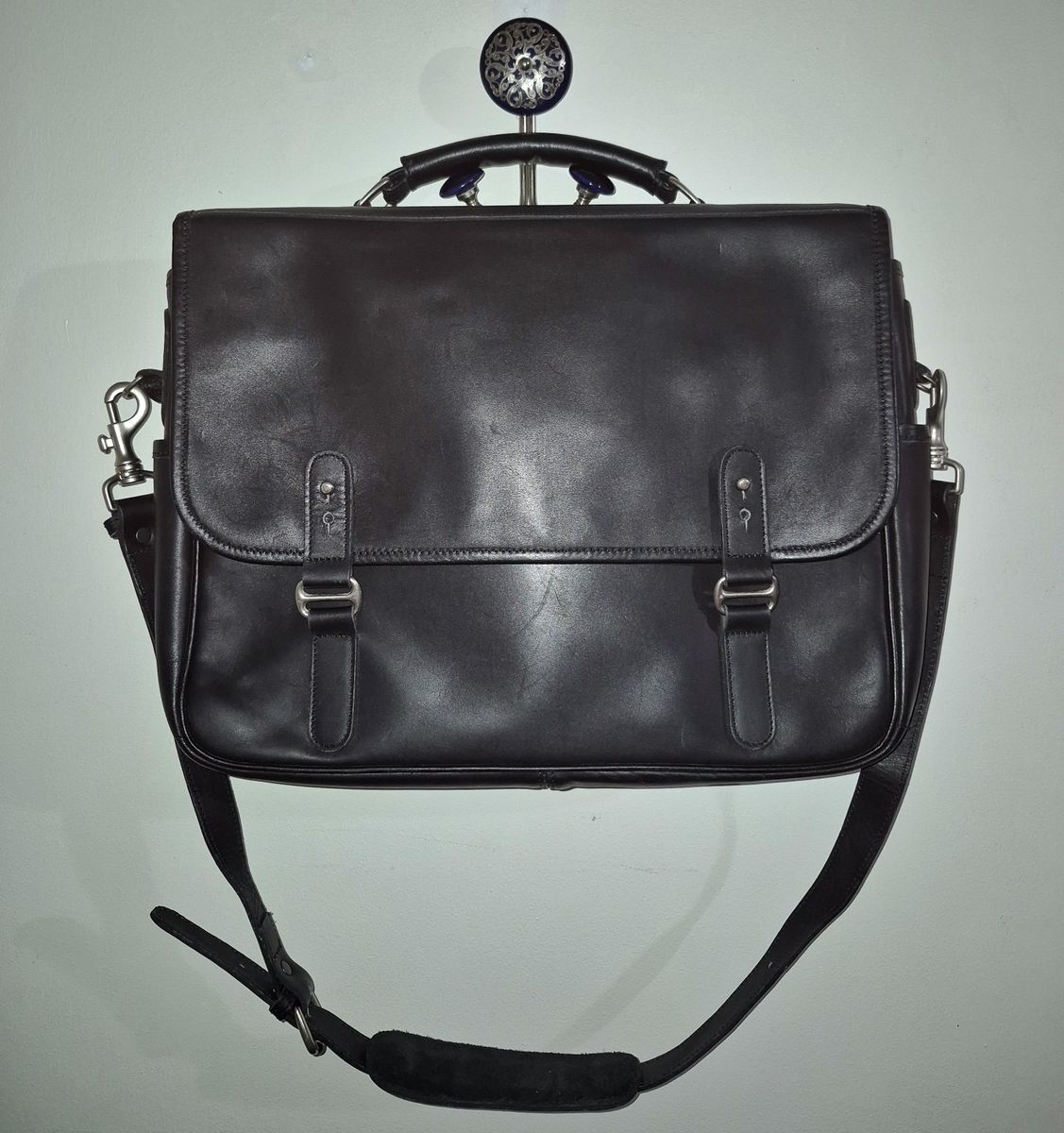 Franklin Covey Black Premium Full-Grain Leather Laptop Briefcase Messenger Bag