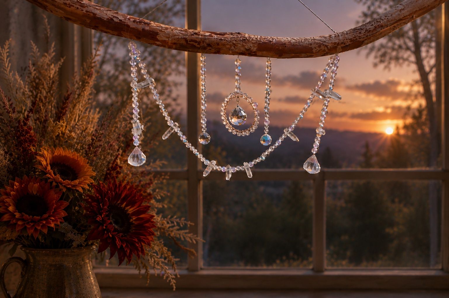 Handmade Crystal Suncatcher on Natural Driftwood Branch