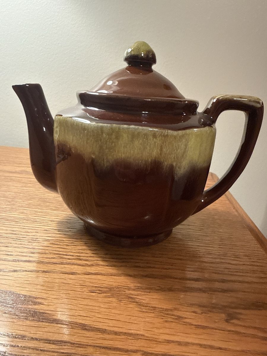 Vintage Mid-Century Modern Brown & Cream Drip Glaze Ceramic Teapot