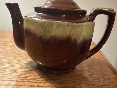Vintage Mid-Century Modern Brown & Cream Drip Glaze Ceramic Teapot