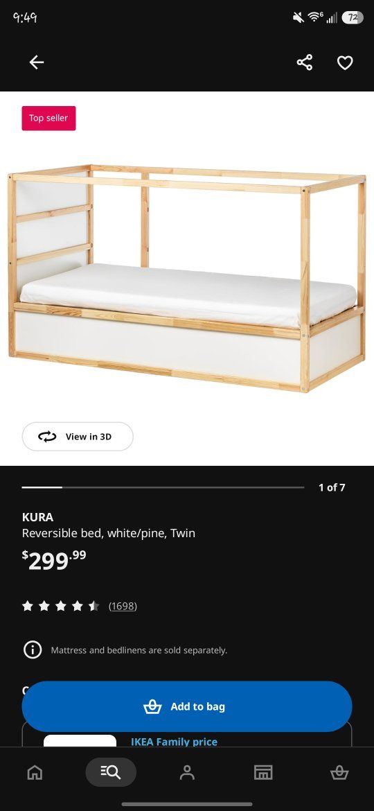 IKEA KURA Reversible Twin Bed Frame - White/Pine Wood, Versatile Kids Furniture