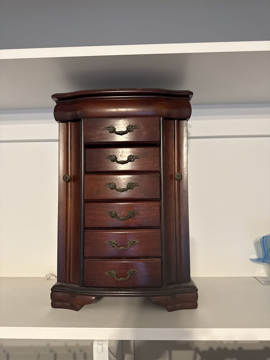 Vintage Wooden Jewelry Box Armoire with 5 Drawers and Side Compartments - Dark Wood Finish